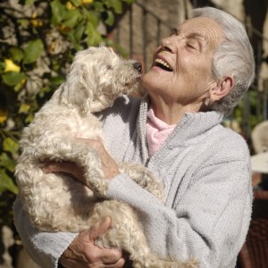 Signora anziana tine in braccio il suo cane