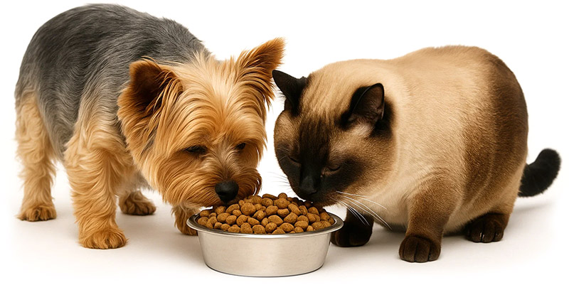 Un cane ed un gatto che mangiano assieme